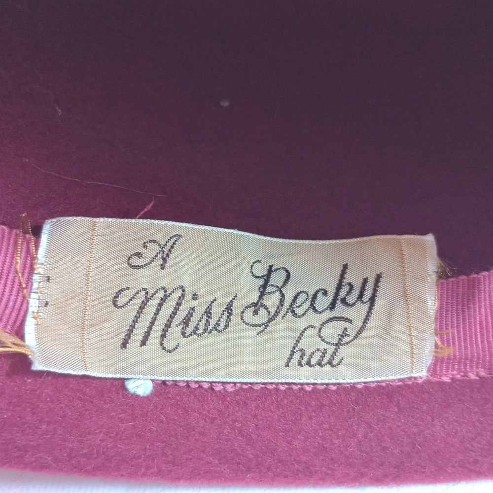 Vintage Miss Becky Womens Pillbox Hat Burgundy Wool Felt Birdcage Veil Ribbon - Picture 8 of 9